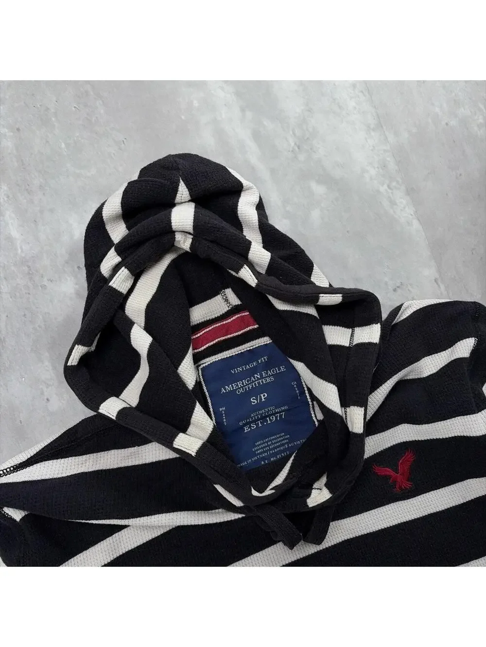 Y2K American Eagle Grunge Striped Distressed Thermal Hoodie